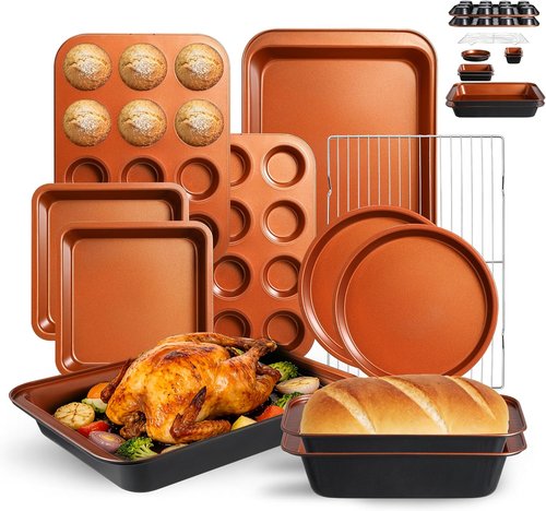 11-Piece Nonstick Baking Pans Set by [Brand Name] - Professional Carbon Steel Bakeware | Dishwasher Safe, Oven Safe to 450°F