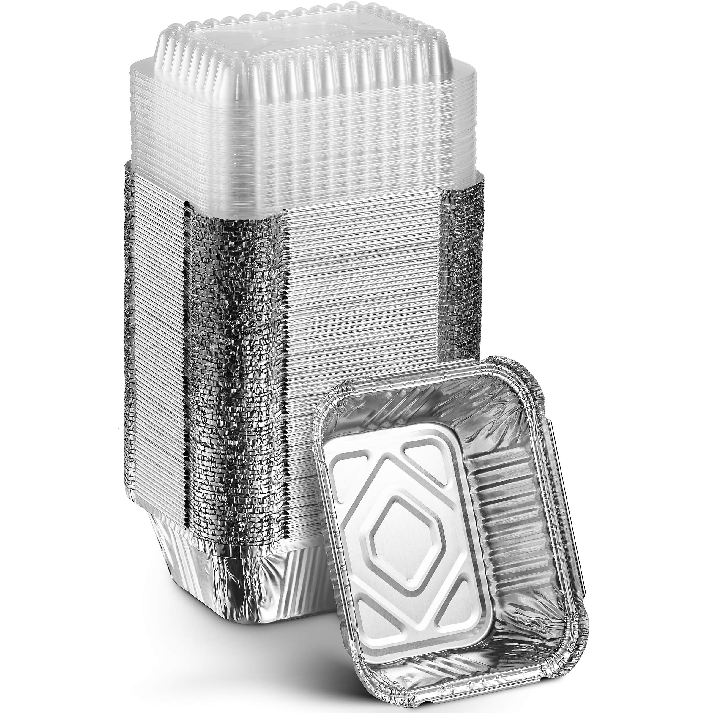 MontoPack Disposable Takeout Pans with Clear Lids | 1lb Capacity Aluminum Foil Food Containers with Strong Seal for Freshness & Spill Resistance | Eco-Friendly & Recyclable | 50-Pack of 5x4” Drip Pan