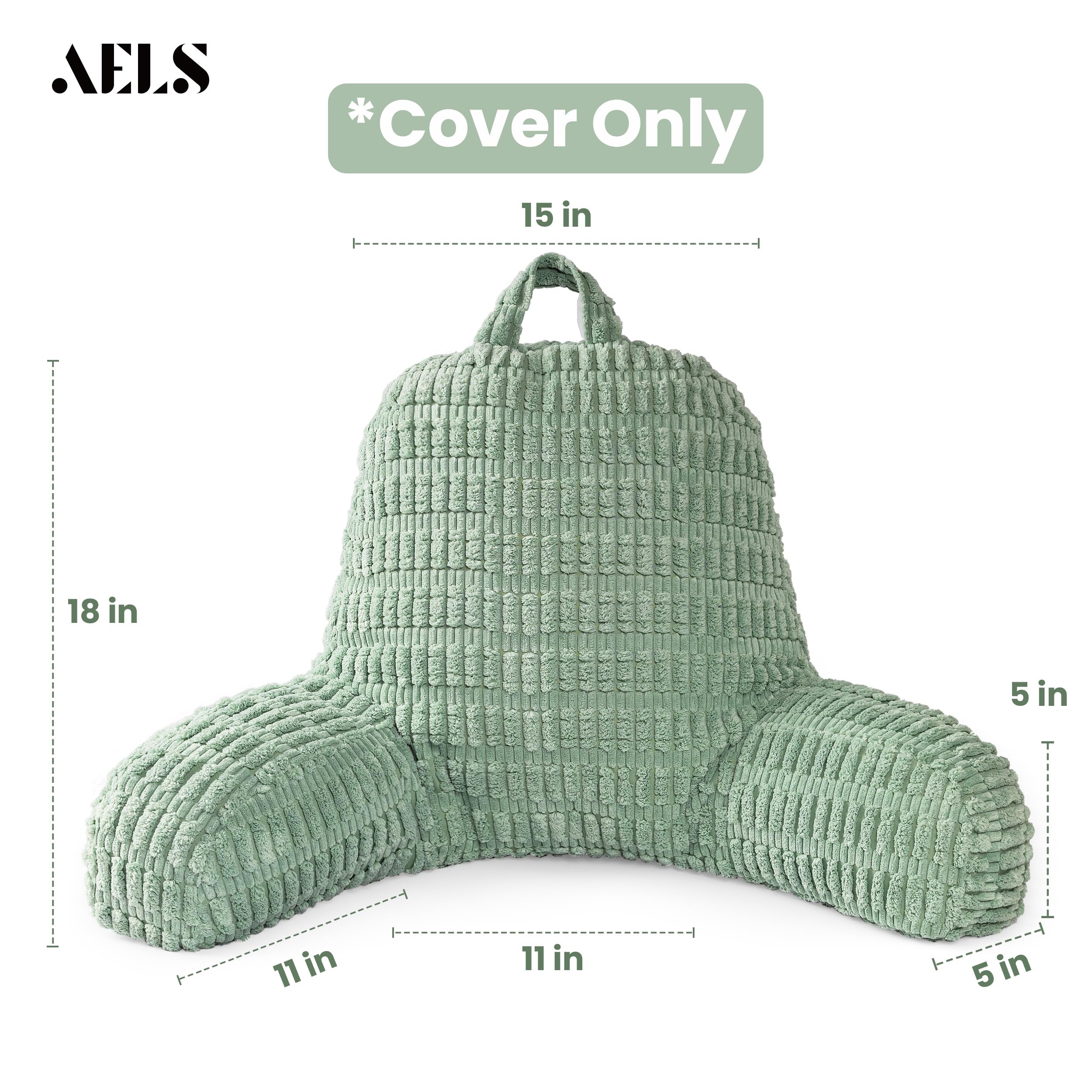 AELS Large Reading Pillow Replacement Cover with Arms and Pockets (Cover ONLY), 18" Soft Corduroy Striped Backrest Pillow Cover Fits Standard Size Reading Pillows, Sage Green