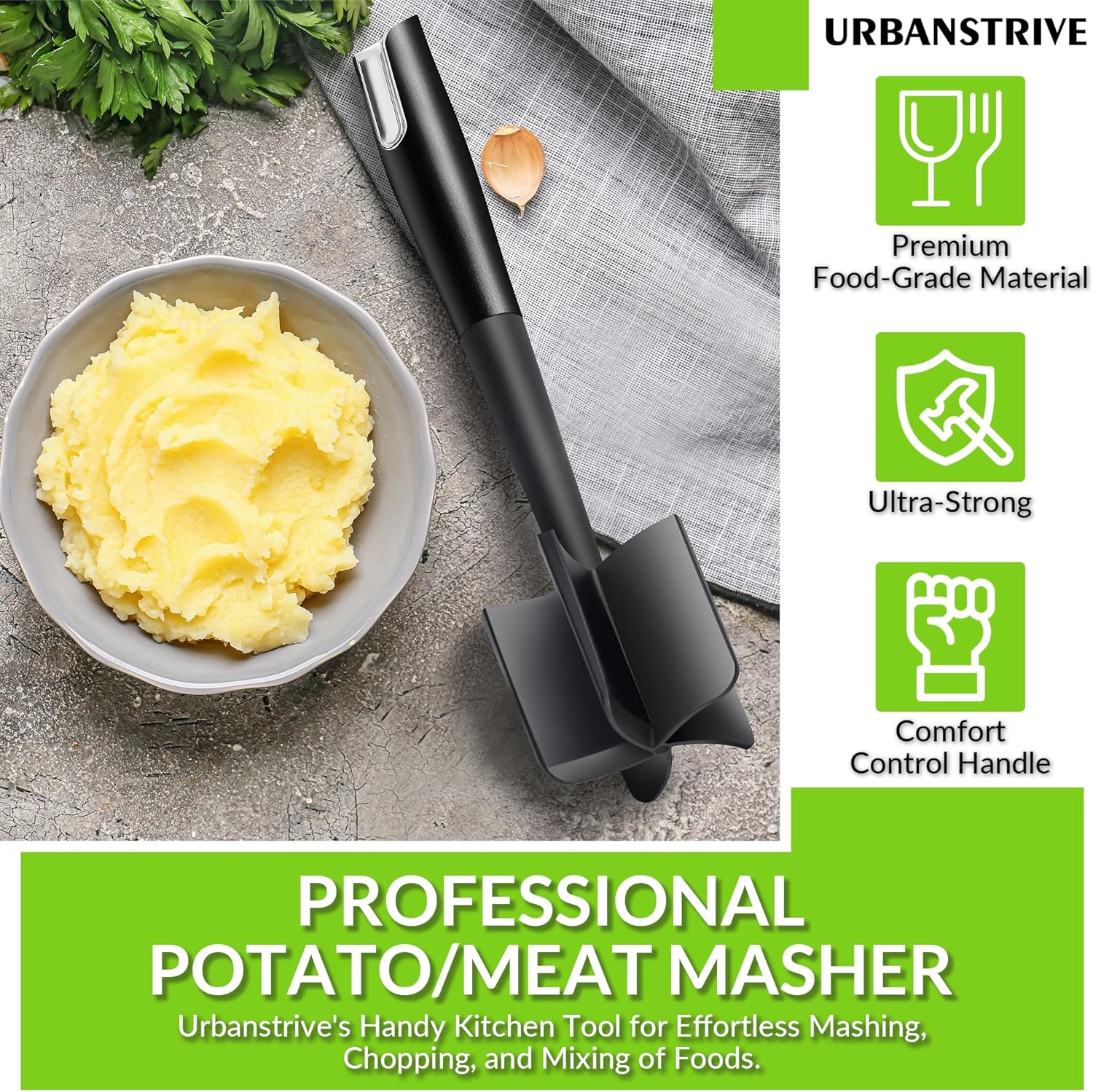Urbanstrive Heavy Duty Meat Chopper - Durable Non-Scratch Hamburger Smasher | Black Color