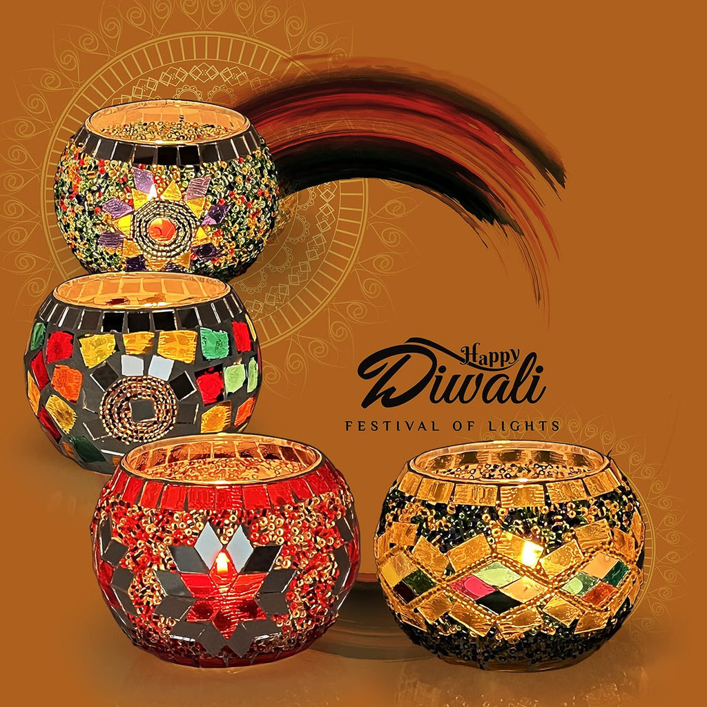 SHMILMH Glass Candle Holders - Handmade Mosaic Votive Set of 4 | Perfect for Diwali & Christmas Table Decor