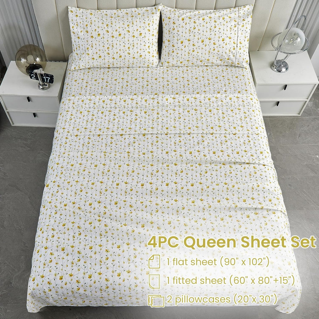 Softan Yellow Floral Queen Size Bed Sheets - 4 Piece Soft Microfiber Set with 15" Deep Pocket & Corner Straps