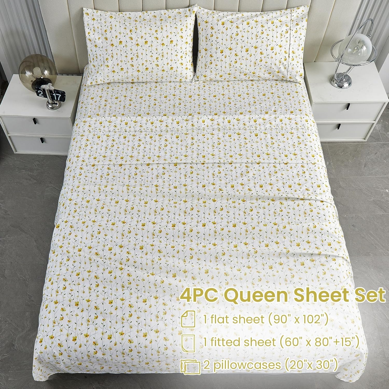 Softan Yellow Floral Queen Size Bed Sheets - 4 Piece Soft Microfiber Set with 15" Deep Pocket & Corner Straps