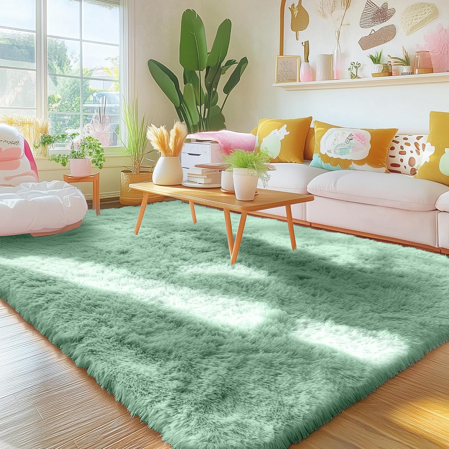 OLANLY Area Rug - Soft Fluffy Shaggy Design | Machine Washable 4x5.9 ft Mint Green Carpet for Kids & Home Decor