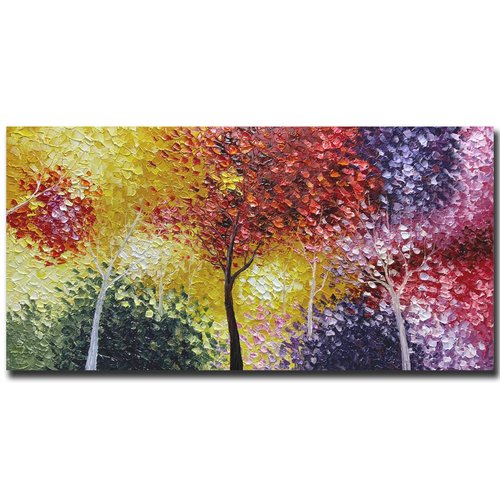 Tiancheng Art,24x48 inch 100% Hand-Painted Oil Painting Tree Wall Art Pieces Framed Canvas Paintings Contemporary Artwork Ready to Hang for Home Decoration Kitchen Office Wall Decor