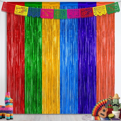 Cinco De Mayo Decorations - 2 Pack Fiesta Rainbow Backdrop | 3.28 FT x 7.05 FT Tinsel Curtains