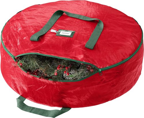 Heavy Duty Wreath Storage Bag | 24-Inch Waterproof Red Container for Year-Round Wreaths