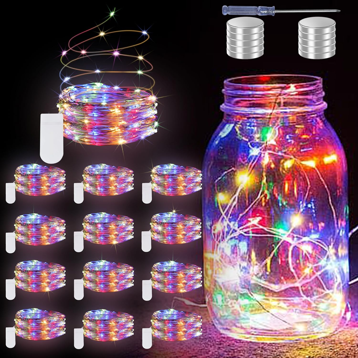Skiennix 12 Pack Fairy Lights - Battery Operated 7ft Waterproof Silver Wire LED String Lights for DIY Wedding Décor & Party Centerpieces