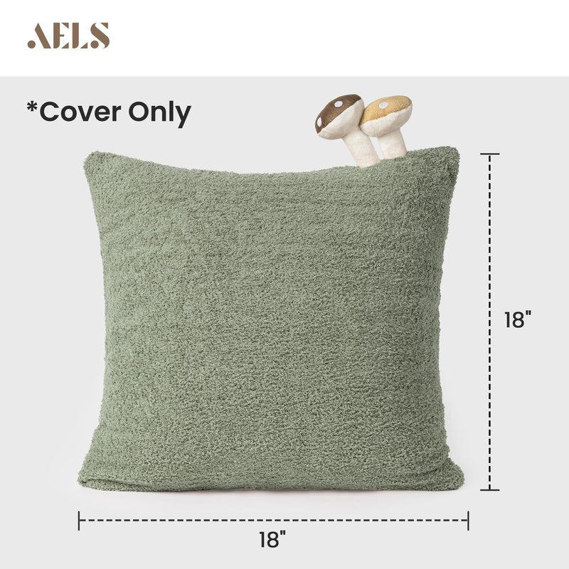 AELS Modern Farmhouse Decorative Mushroom Pillow Covers 18x18 with Two Small Mushroom Plush Sewed in, Cozy Plush Cushion Case for Bed Couch Sofa, Green