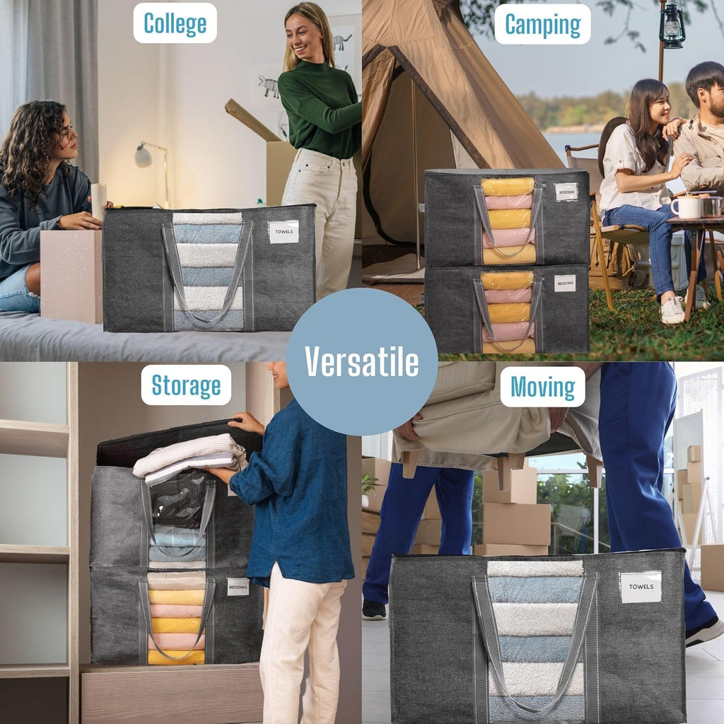 VENO Moving Bags - Heavy Duty Storage Bins with Clear Window & Zippers | Extra Large Totes for College Dorm Clothes (Dark Gray)