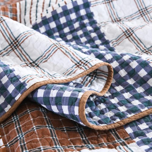 BCOTTOND Quilt, 100% Cotton Queen Quilt Set Patchwork Plaid Quilt Bedding Set Brown Blue Reversible Lightweight King Bedspread for All Season 3-Piece