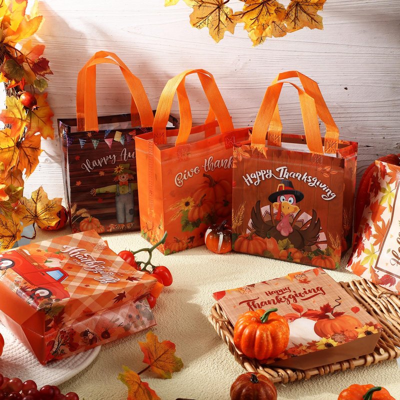 Sweetude 36 Pack Thanksgiving Gift Bags with Handles Reusable Thanksgiving Tote Bags with Tissue Paper Non-woven Fall Autumn Pumpkin Turkey Maple Leaf Turkey Gnome for Party Favor Supplies