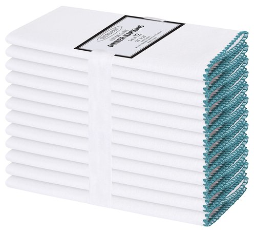 Cotton Clinic Cloth Napkins with Trim - Everyday Use Table Dinner Napkins - Soft Durable Washable - Ideal for Dinner Party Wedding Christmas Easter - Set of 12-20x20 inches Teal White Napkins