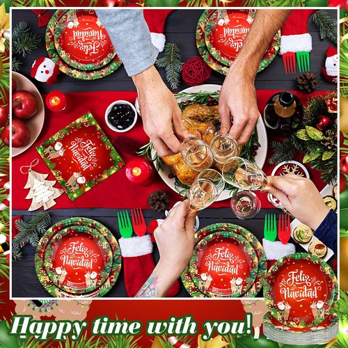 Qinyoung 96 Pcs Feliz Navidad Party Decorations Mexican Christmas Paper Plates and Napkins Set Feliz Navidad Dinner Dessert Tableware Red and Green Serve 24 Guests for Spanish Christmas Party Supplies