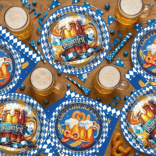 VorkiVecKi Oktoberfest Party Supplies Plates - 96 Pcs Bavarian Paper Plate Set Napkins Forks Tableware Disposable Serving, Blue Flag Check Party Decorations for Men German Beer Festival Celebrations
