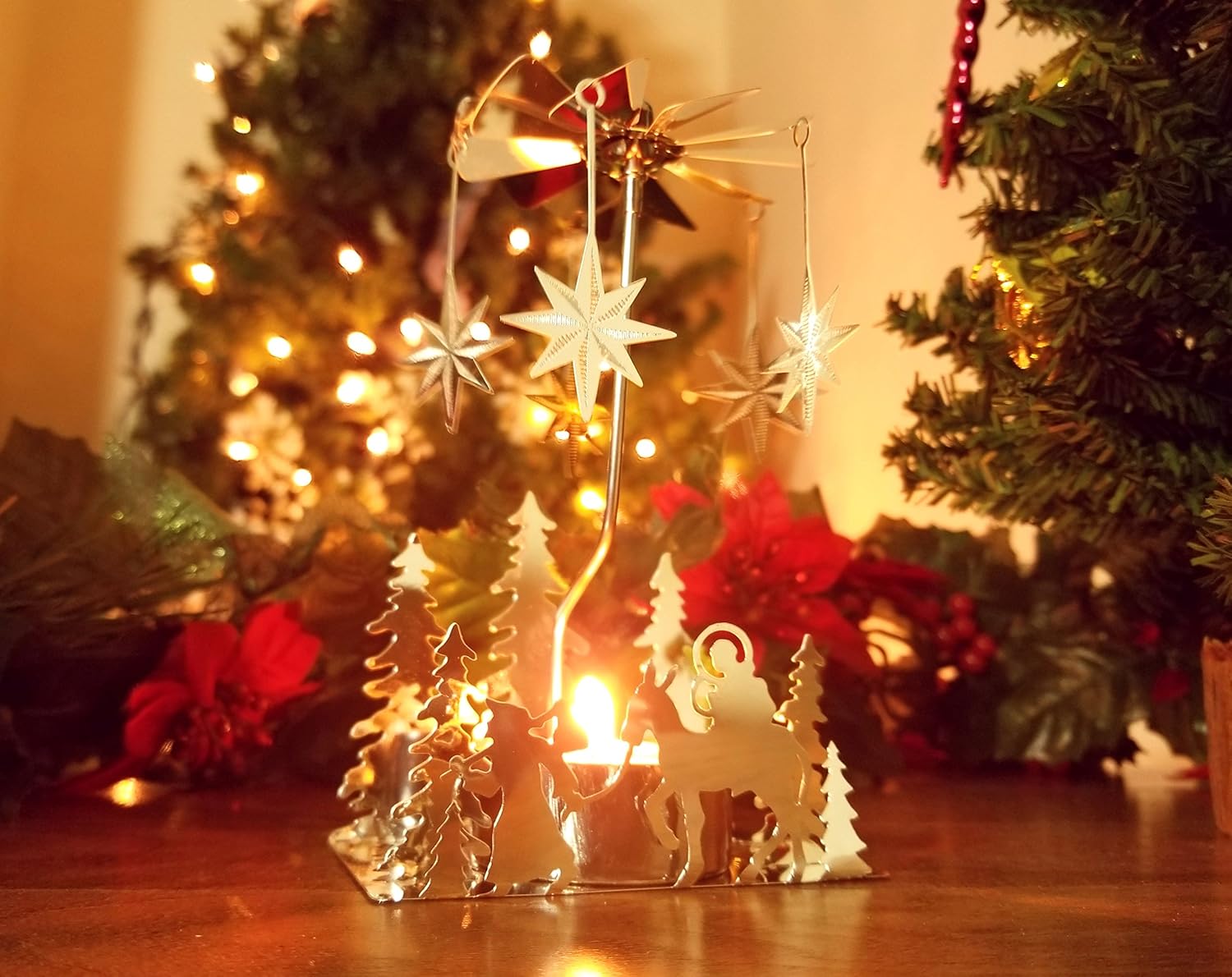 Nativity Candle Spinner - Laser-Cut Silver Tea Light Holder with Nativity Scene & Moravian Stars | 5" H x 3.5" L