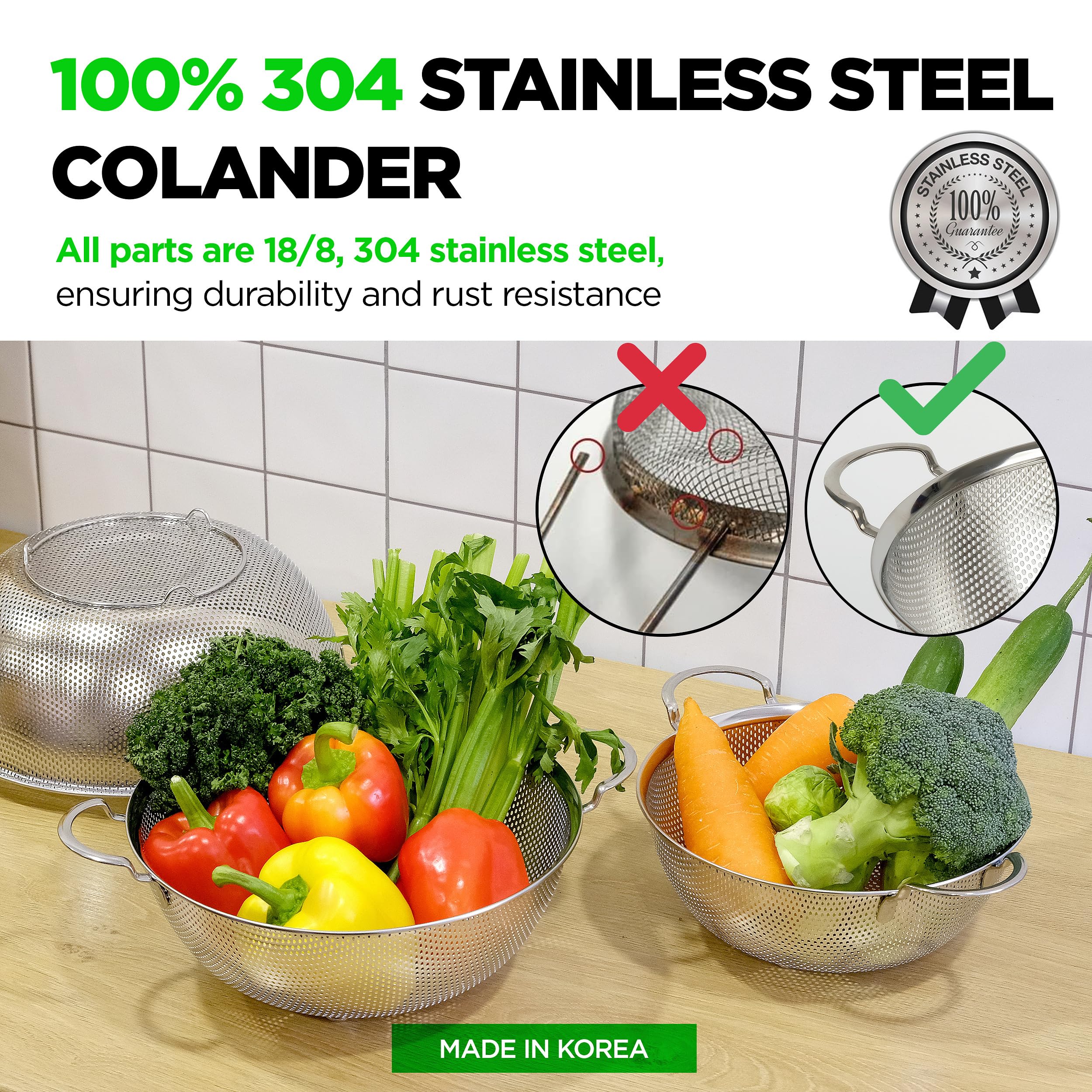 COMPORT K Premium 18/8 304 Stainless Steel Set of 3 – Micro-Perforated Strainers with Handles, Self-Draining Base for Pasta Vegetables Fruit, Heavy Duty (4, 6, 8 Qt) Made in Korea
