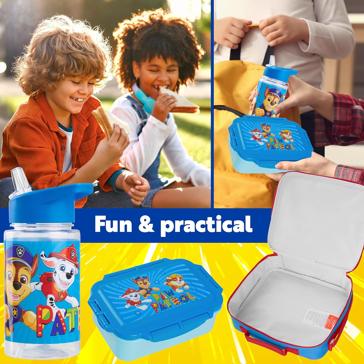 Paw Patrol Kids' Water Bottle & Lunch Box Set - Insulated 3-Piece Bag for School & Travel (Blue)