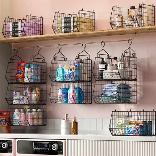 5 Tier Closet Hanging Organizer, Clothes Hanging Shelves with 4 Hanging Hooks 5 S Hooks, Wire Storage Basket Bins, for Clothing Sweaters Shoes Handbags Clutches Accessories Patent Design
