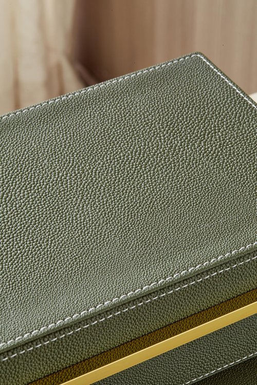 Goodinough Green Shagreen Decorative Boxes with Lids Set of 3 - Large Leather Stacking Storage Boxes for Home Decor, Gold Metal Handle Remote Control Box, Modern Jewelry Box for Shelves, Coffee Table