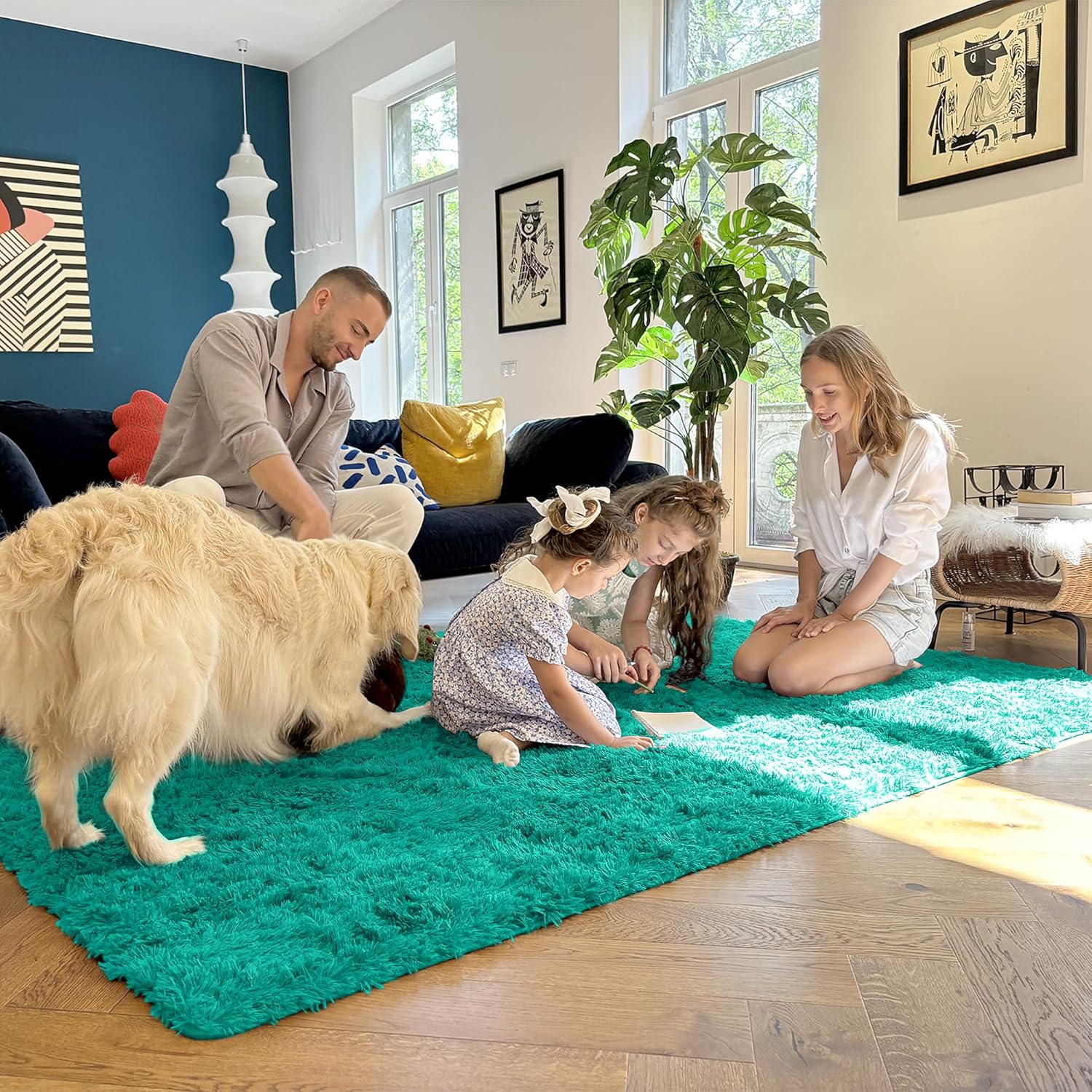 OLANLY 3x5 Soft Fluffy Shaggy Bedside Rug - Machine Washable Indoor Carpet for Kids & Nursery | Teal Green