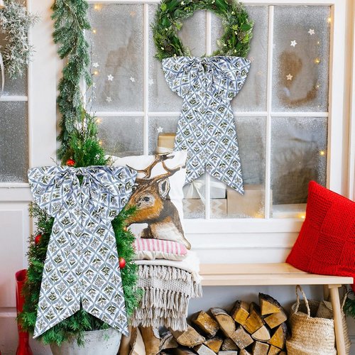 HunnmingRe Christmas Wreath Sash - 2 Pcs Blue Block Print Bow | 24 x 16 Inch Floral Burlap Decor