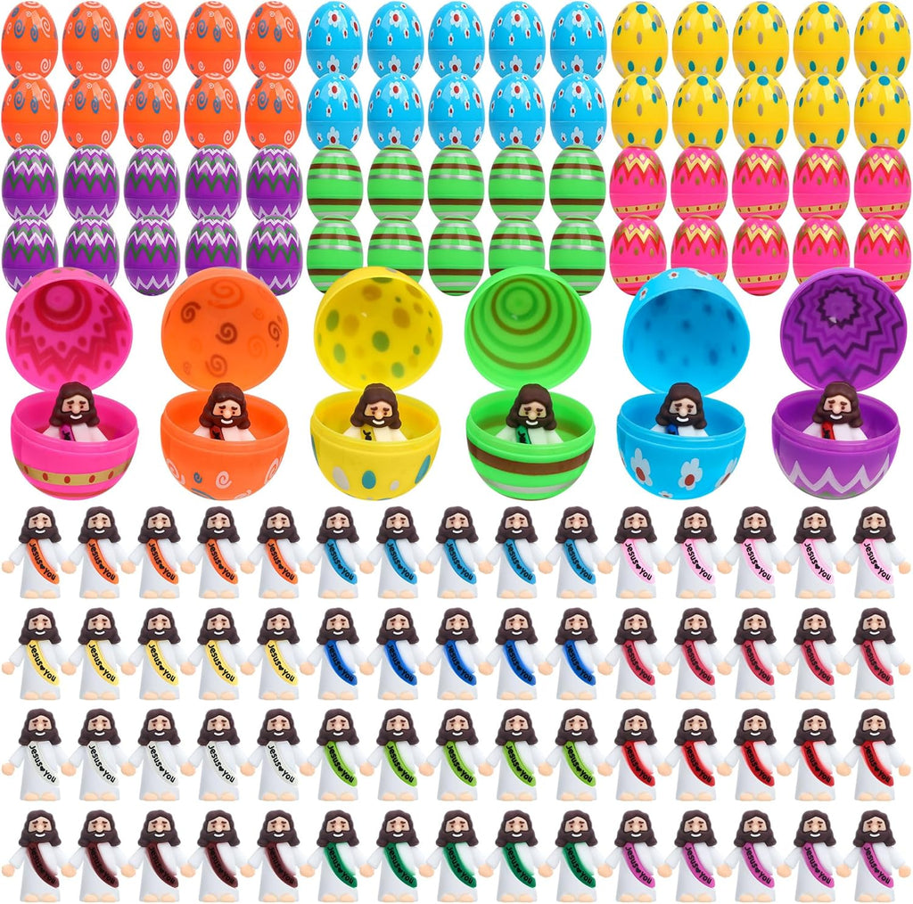 Regine Switzerland Easter Basket Stuffers - 60 PCS Colorful Eggs & Jesus Figurines for Kids' Parties