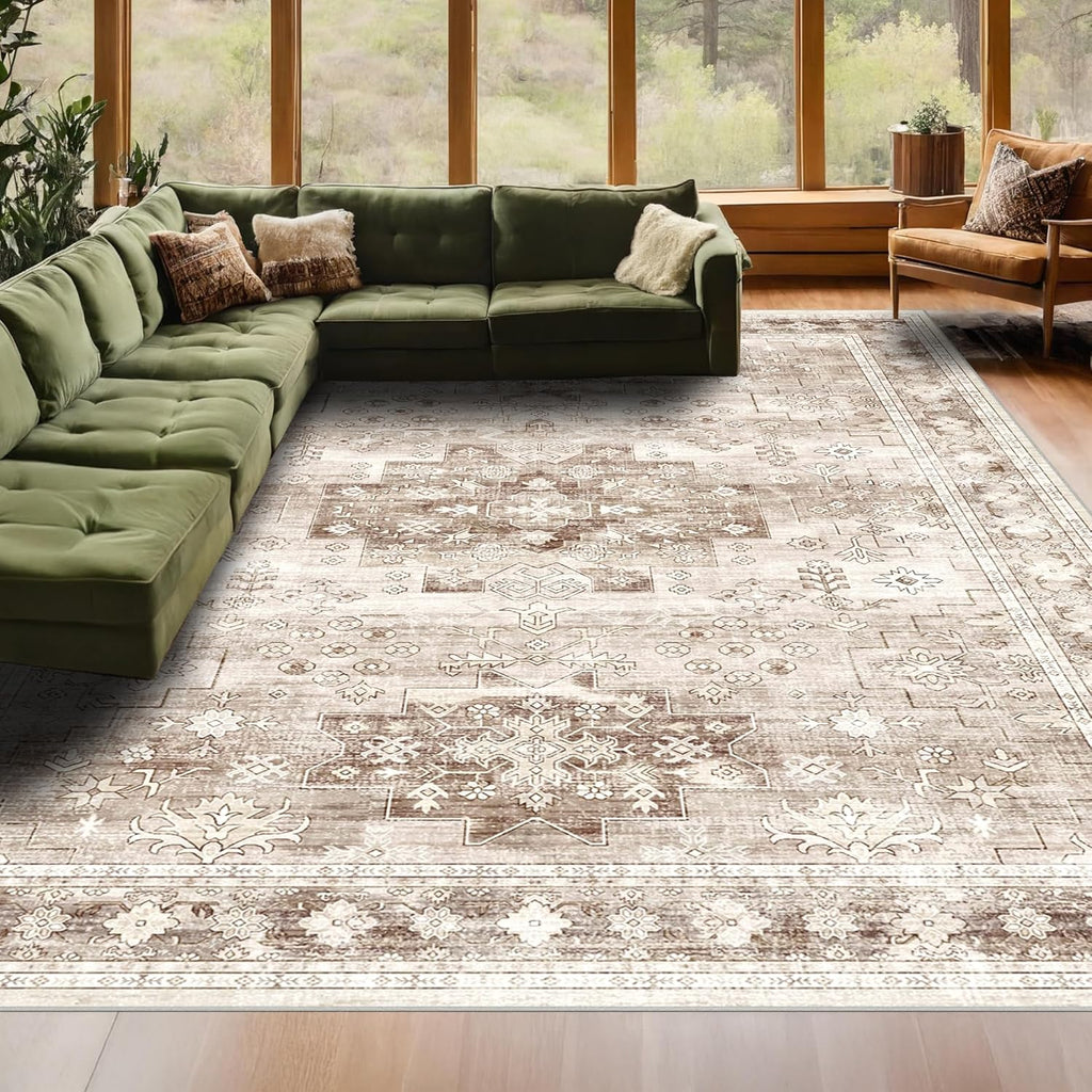 Regine Switzerland Washable Farmhouse Living Room Rug - 6x9 Non-Slip Vintage Floral Carpet in Beige/Latte