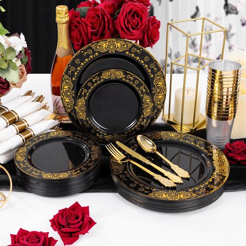 GATHER 350PCS Black and Gold Plastic Plates - Gold Disposable Dinnerware Set Include 50 Dinner Plates, 50 Dessert Plates, 150 Gold Plastic Silverware, 50 Napkins, 50 Cups for Wedding & Party