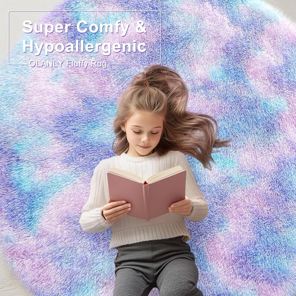 OLANLY Round Purple Rainbow Rug - Soft, Fluffy Shaggy Carpet for Bedroom | 4x4 Feet Machine Washable Area Rug