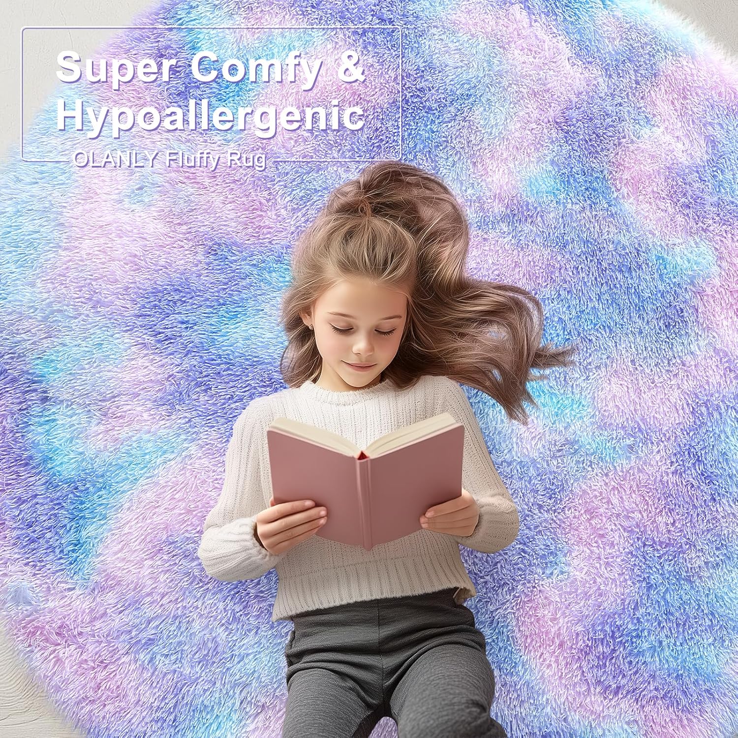 OLANLY Round Purple Rainbow Rug - Soft, Fluffy Shaggy Carpet for Bedroom | 4x4 Feet Machine Washable Area Rug