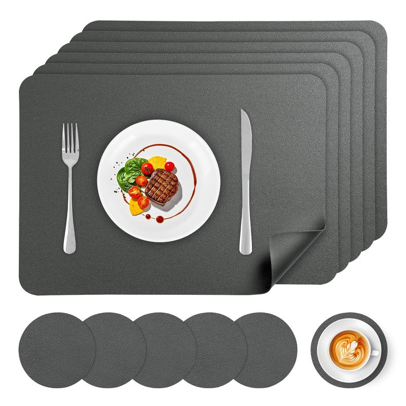 APLKER Vinyl Placemats Set of 6, Waterproof Faux Leather Heat Resistant Kitchen Place Mats, Wipeable Dining Table Place Mats and Coasters for Kitchen, Dining, Decor, Outdoor (Gray)