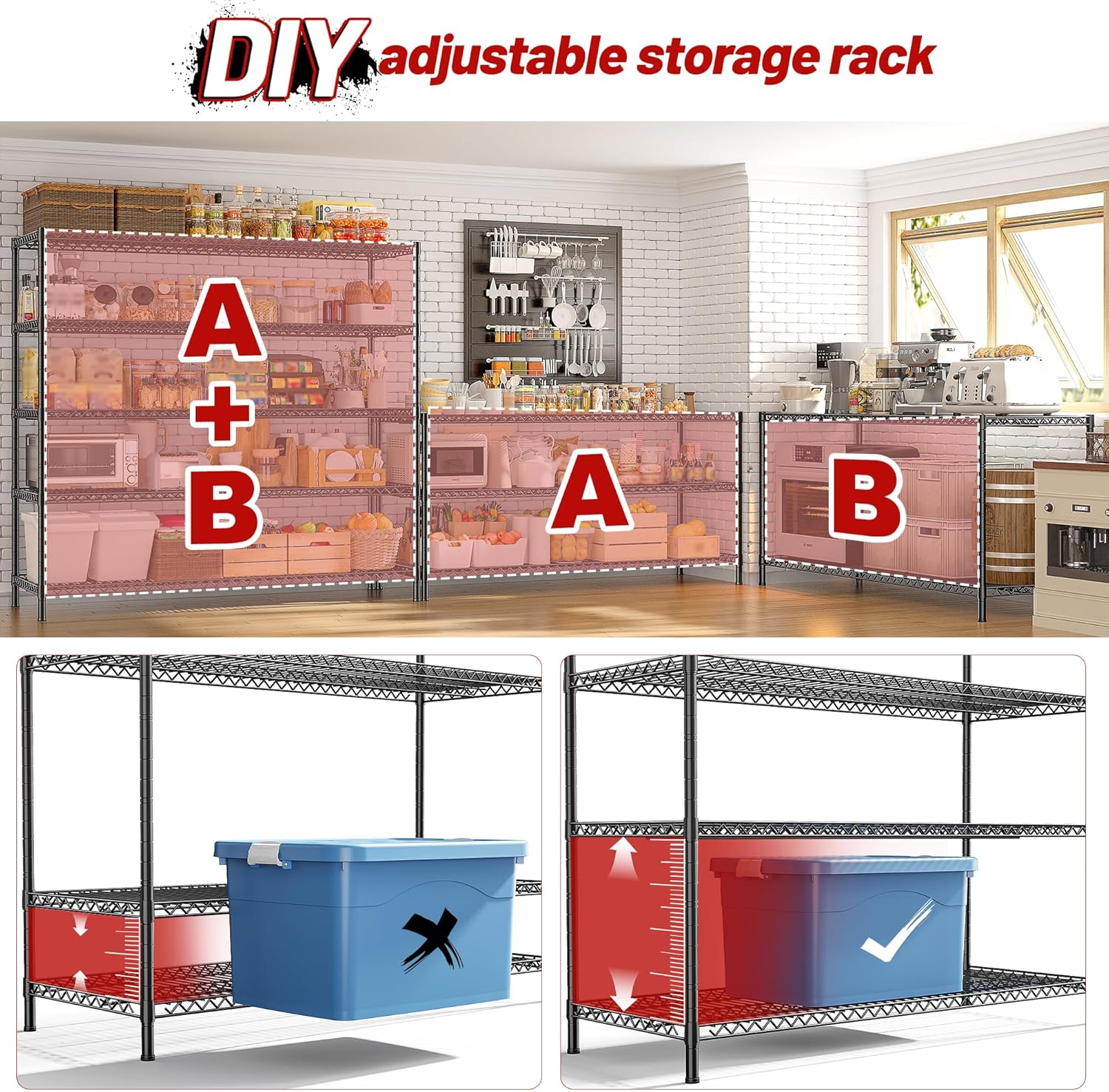REIBII Heavy-Duty 5-Tier Storage Shelves - Adjustable Metal Shelving Unit for Garage & Pantry | 55.5" W x 18" D x 71" H