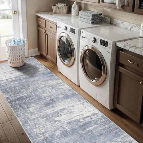 **Hallway 2x10 Washable Runner Rug - Abstract Design | Stain Resistant Non-Slip Area Rug in Blue/Ivory**