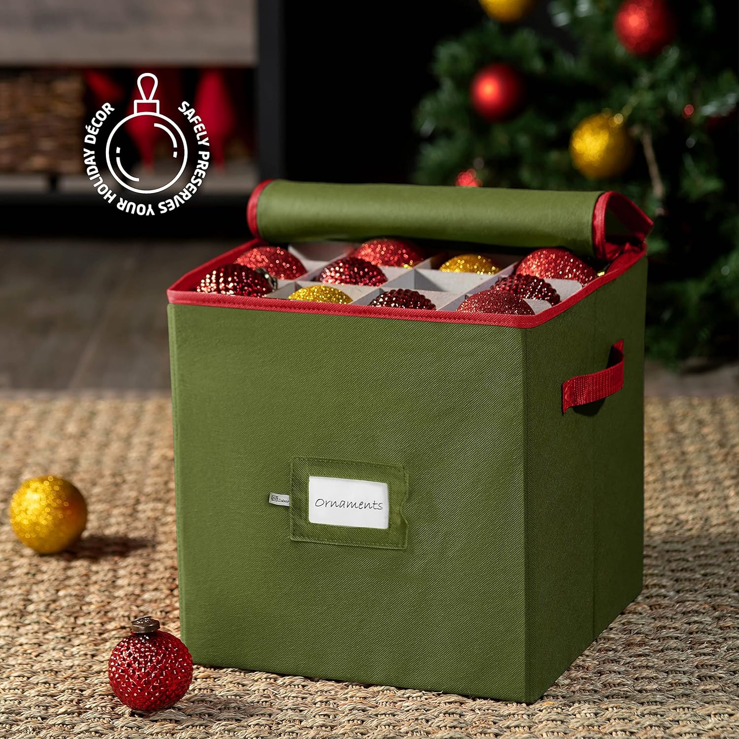 ZOBER Christmas Ornament Storage Box - Organize 64 3" Ornaments with Dividers - Durable Green Container