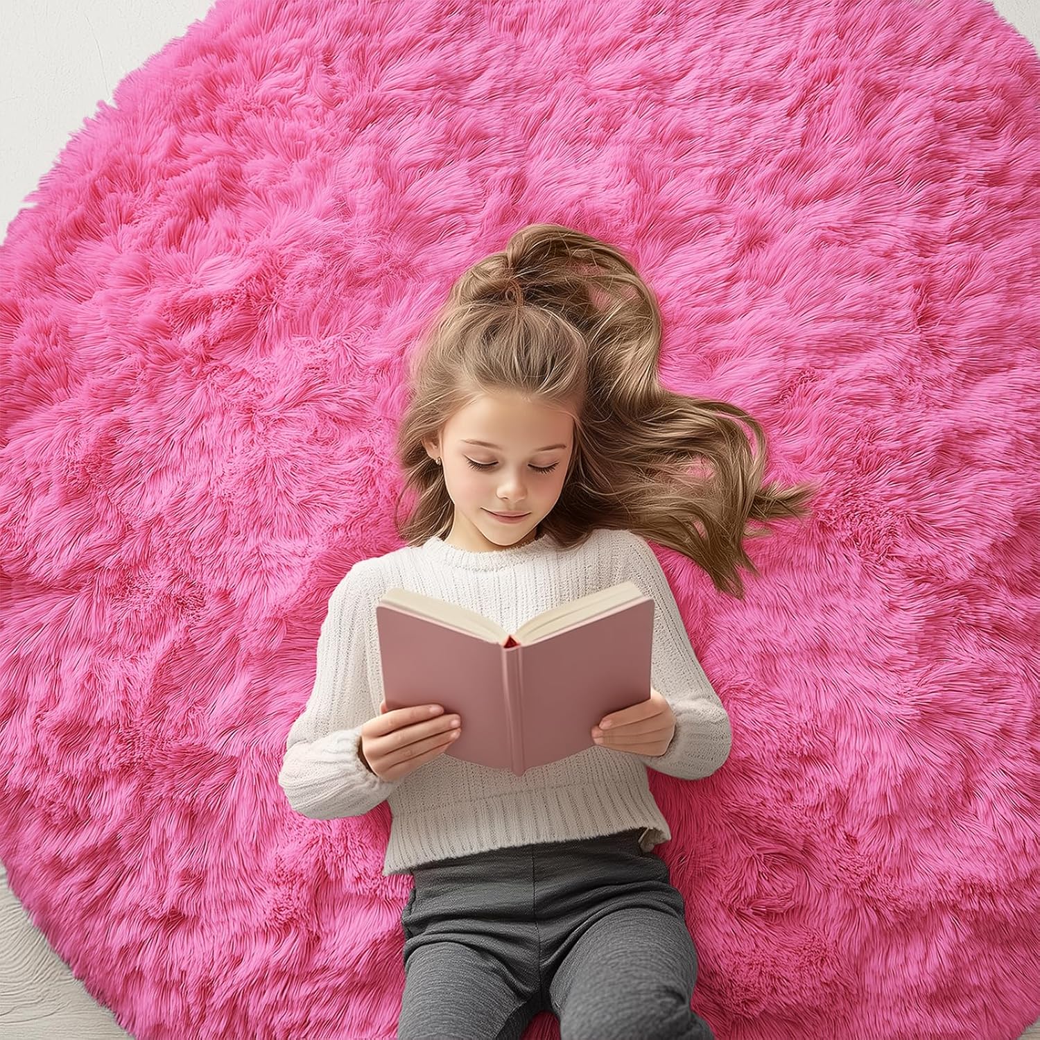 OLANLY Round Hot Pink Area Rug - Soft, Fluffy, Machine Washable 5 ft Circle Carpet for Bedrooms & Nurseries