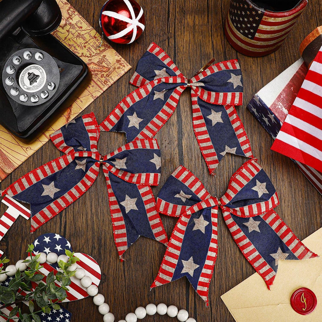 Regine Switzerland 12 Pcs 4th of July Bows - 6 Inch Patriotic Burlap Decor for Independence Day | Red, White, Blue