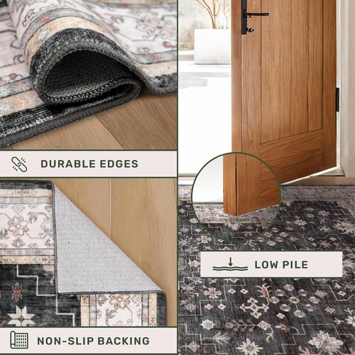 Boho Black Area Rug by [Brand Name] - Washable 10x12 Soft Low Pile Carpet for Living Room & Dining Room | Non-Slip & Stain Resistant