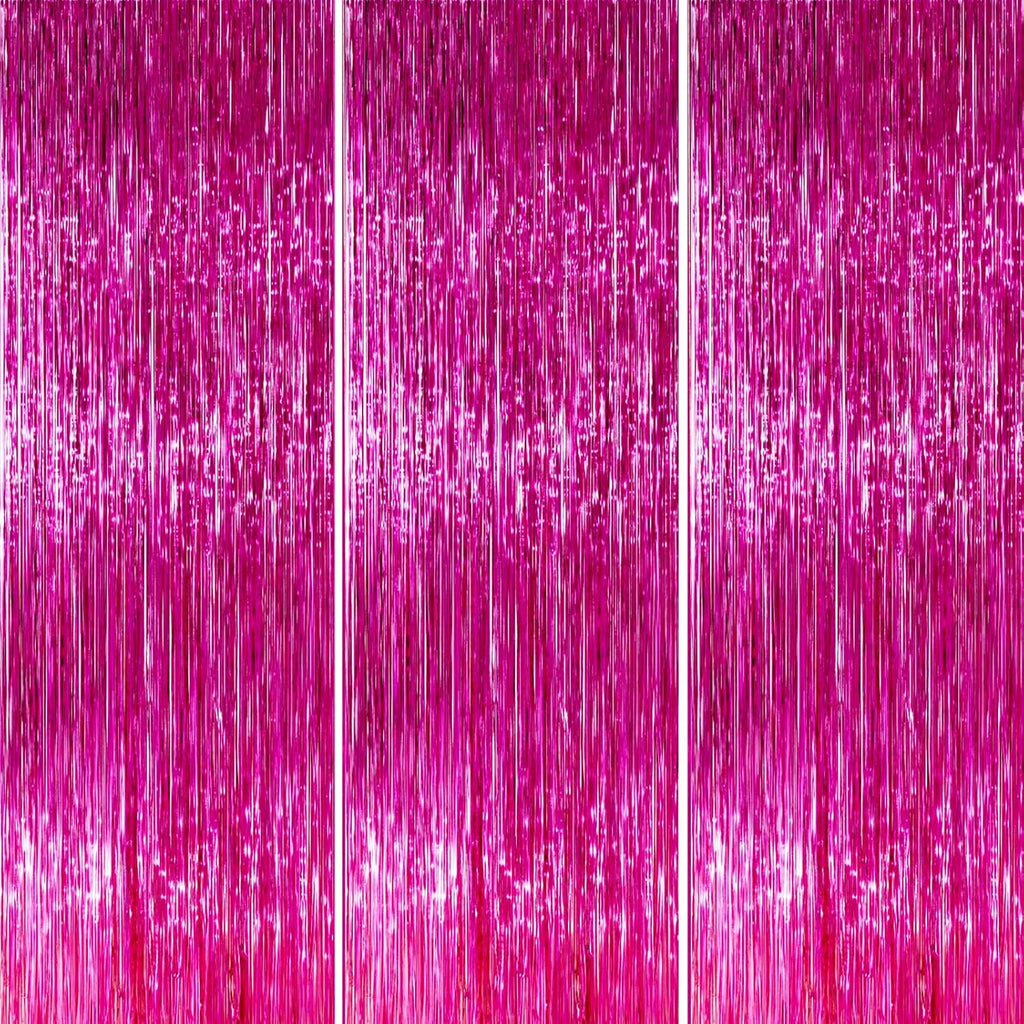 PartyWoo Hot Pink Foil Fringe Curtain - 3pcs 8.2ft Magenta Tinsel Backdrop for Birthday & Bachelorette Parties