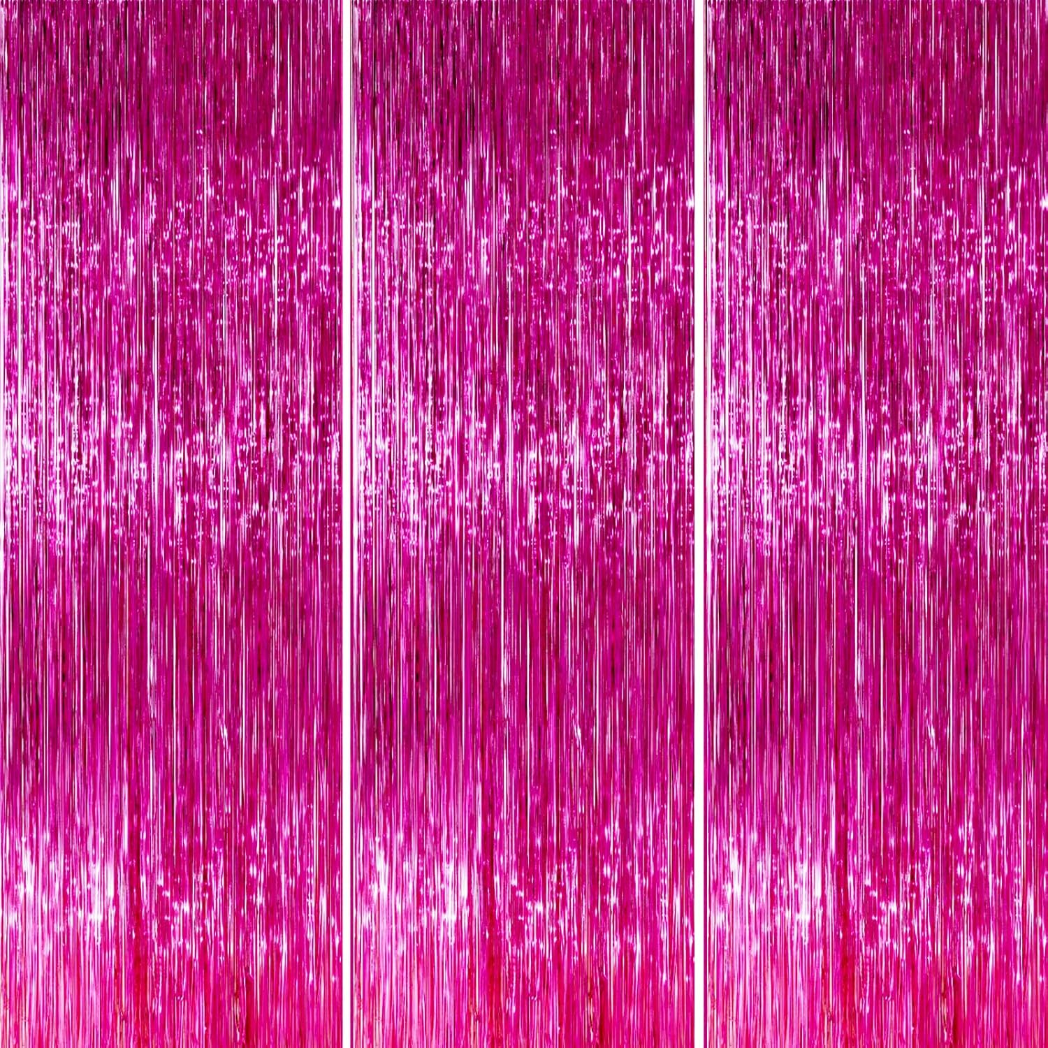 PartyWoo Hot Pink Foil Fringe Curtain - 3pcs 8.2ft Magenta Tinsel Backdrop for Birthday & Bachelorette Parties