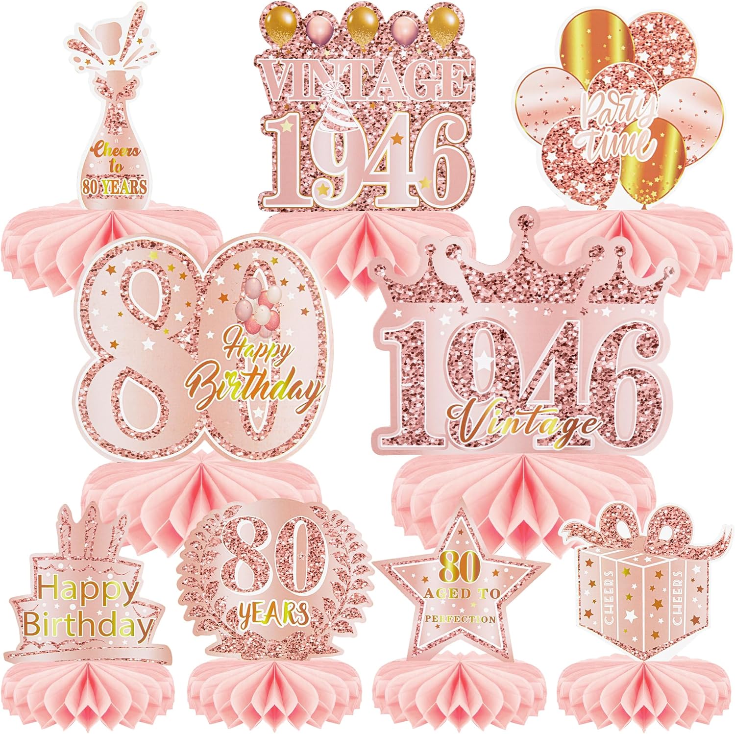 Regine Switzerland 80th Birthday Decorations - 9 Pcs Rose Gold Honeycomb Centerpieces | Cheers to 80 Years