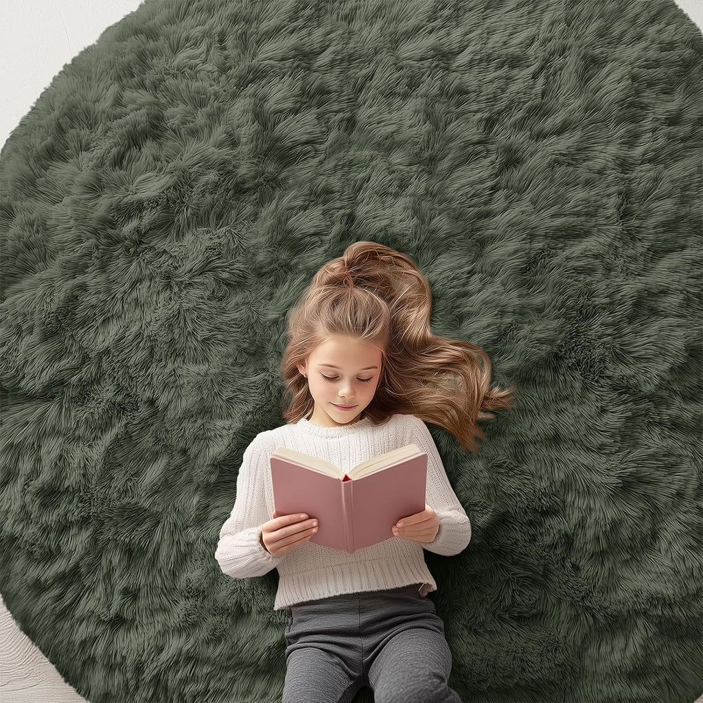 OLANLY Olive Green Round Rug - Soft, Fluffy 6 ft Machine Washable Area Rug for Bedroom & Living Room Decor