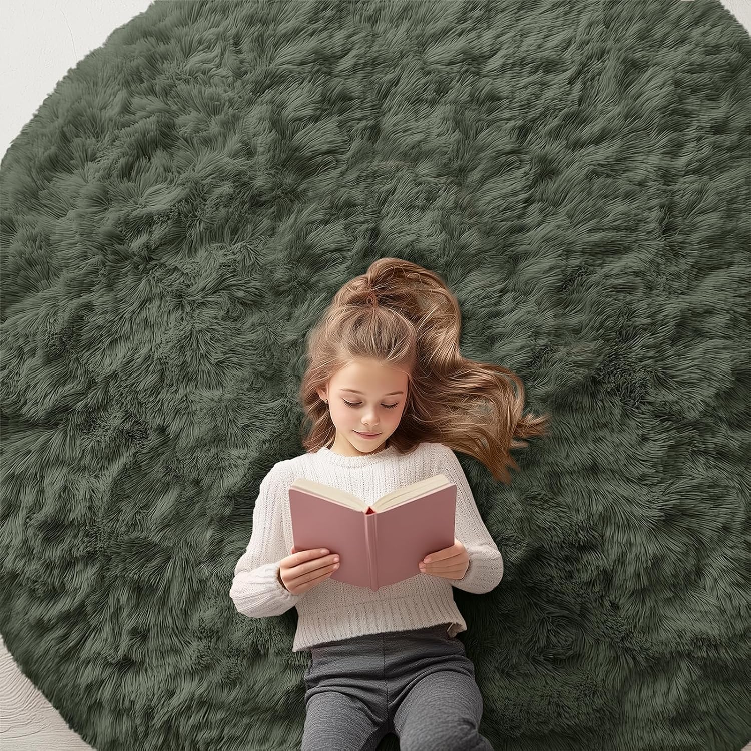 OLANLY Olive Green Round Rug - Soft, Fluffy 6 ft Machine Washable Area Rug for Bedroom & Living Room Decor