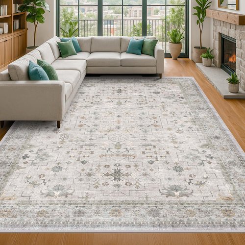 Hazo Haus Boho Light Grey Area Rug - Modern Vintage Floral Design | 8x10 Washable Non-Slip for Living Room