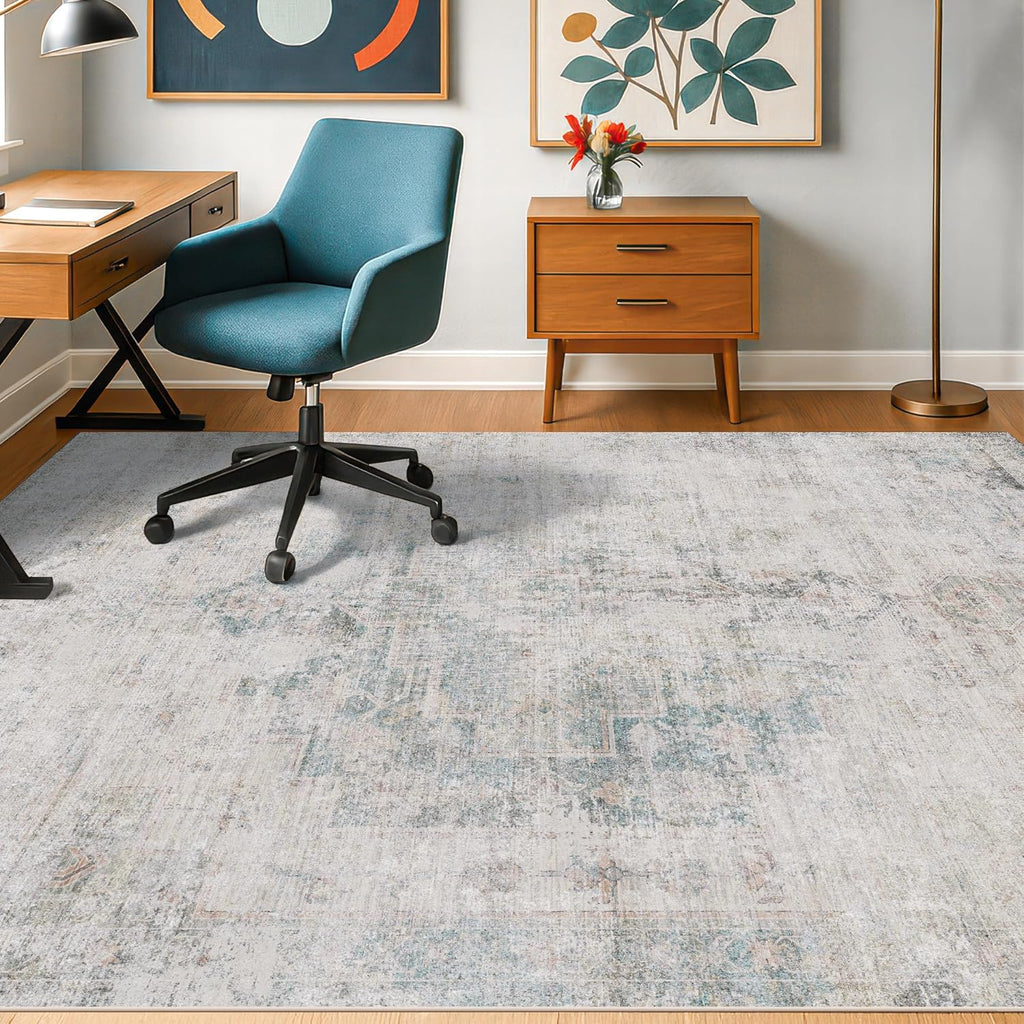 Skiennix Low Pile Office Rugs - 5x7 Abstract Non-Slip Rugs for Living Room & Entryway, Cream Slate Blue