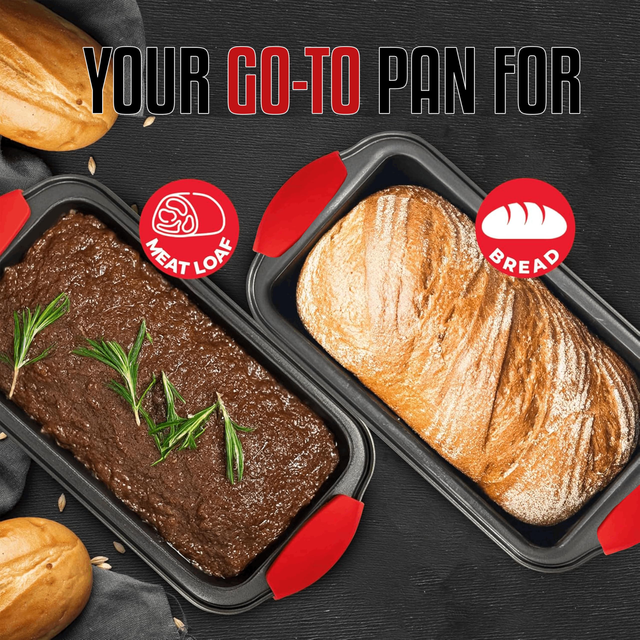 PERLLI Nonstick Loaf Pan with Silicone Grip Handles 11.75" x 6" High-Carbon Steel Bakeware for Baking Bread Cake Broiling Roasting Meat, Oven Safe (446°F)