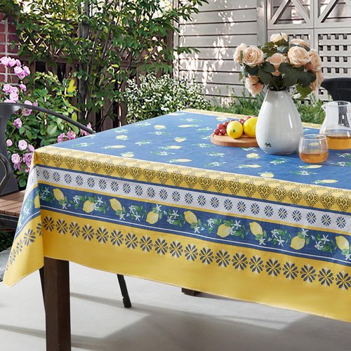 Home Bargains Plus Spring French Country Lemon Grove Vinyl Tablecloth with Flannel Backing, 52 x 70 Inch Rectangle, Blue and Yellow Citrus Lemon Print, Easy Care Wipe Clean Indoor Outdoor Table Cover