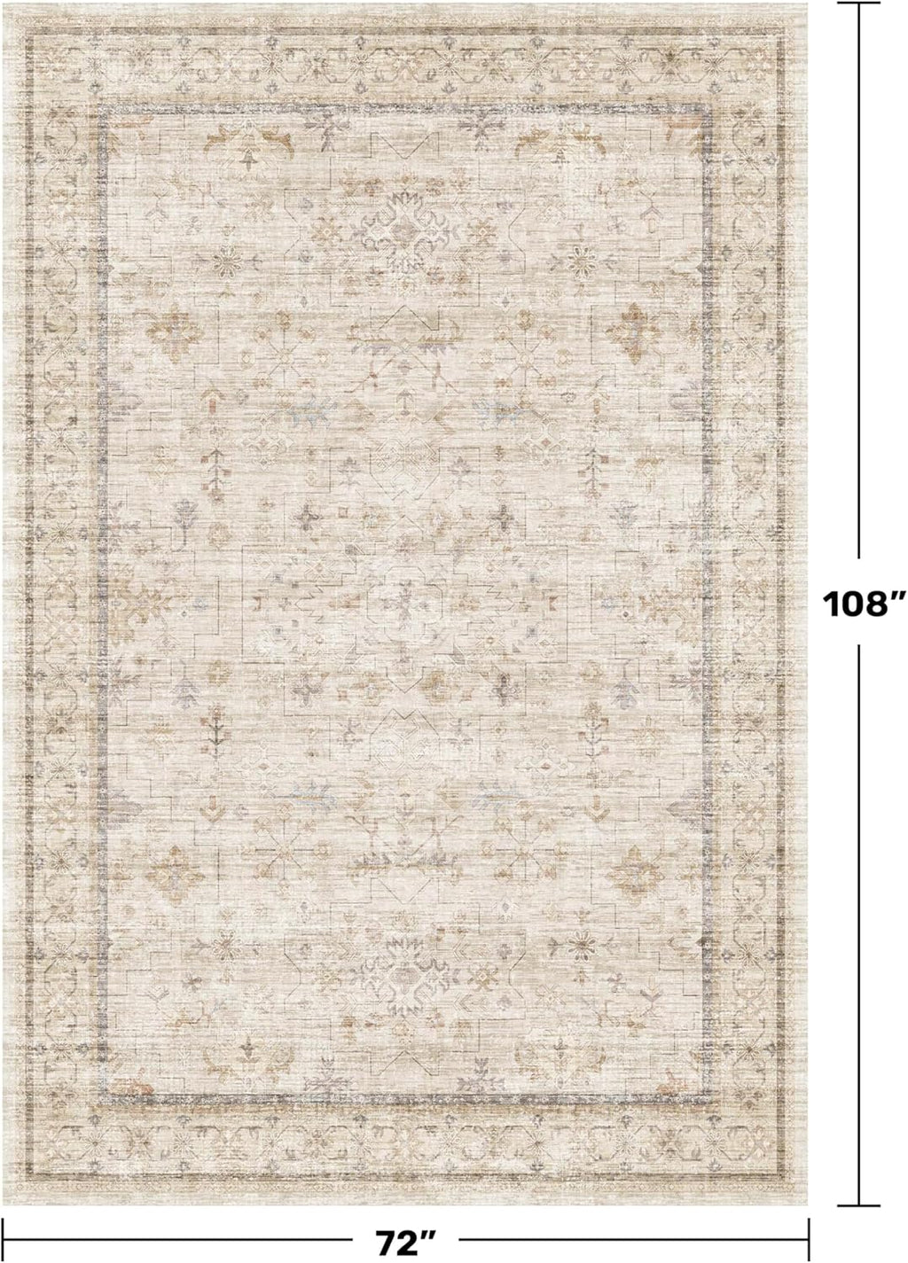 Washable Ivory 6x9 Living Room Rug - Non-Slip Dining Rug for Under Table | Low Pile Farmhouse Carpet