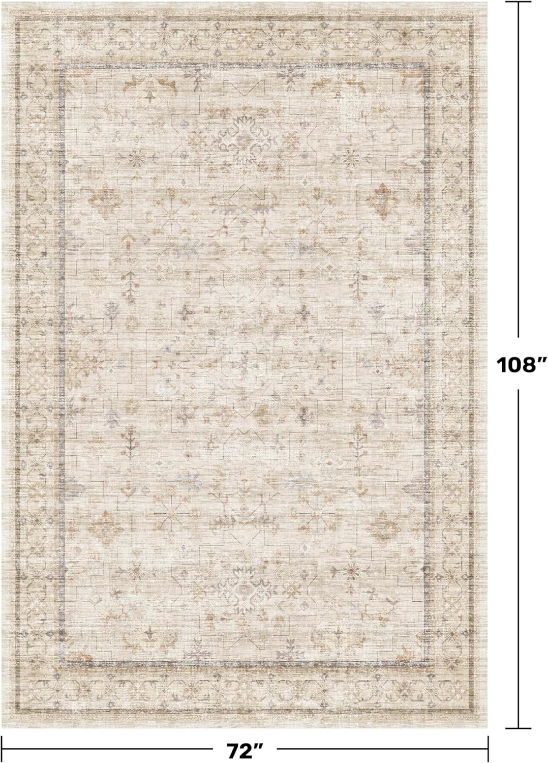 Washable Ivory 6x9 Living Room Rug - Non-Slip Dining Rug for Under Table | Low Pile Farmhouse Carpet