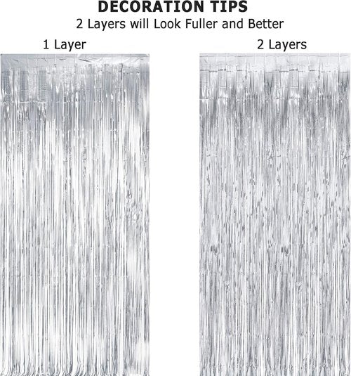 GREATRIL Silver Streamers Metallic Party Backdrop - Foil Fringe Tinsel Curtain for NYE & Events | 8.2ft x 3.2ft - Pack of 2